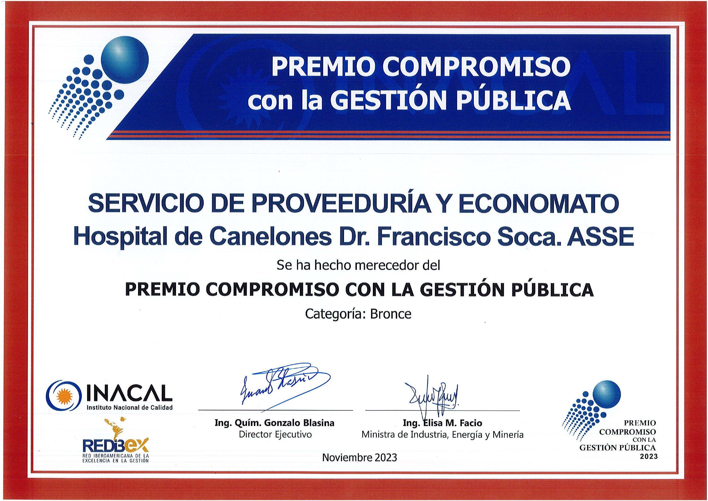 Reconocimiento INACAL - Premio de Compromiso con la Gest. Publica 