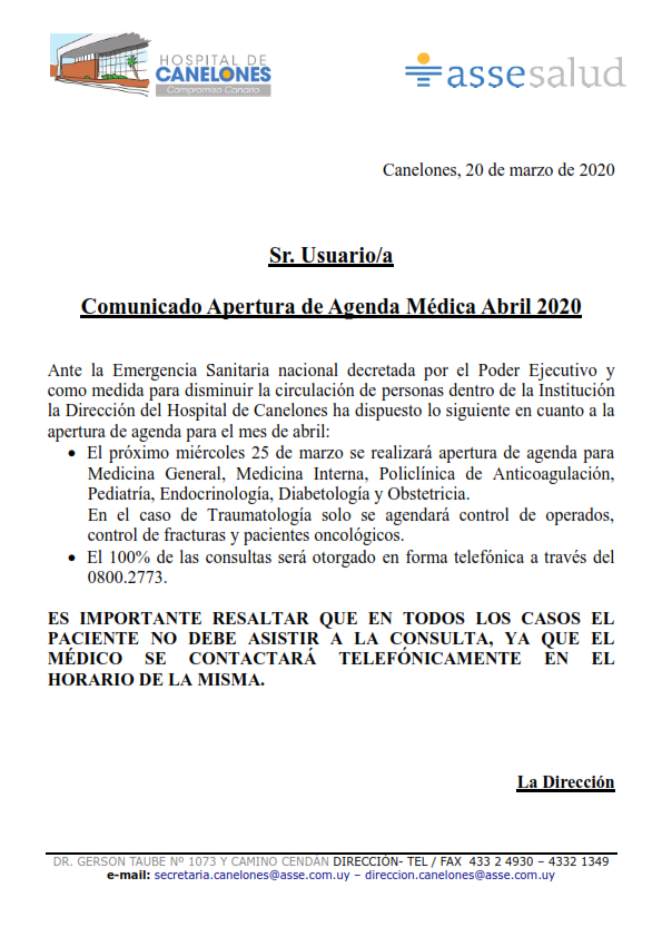 Comunicado Apertura de Agenda M&eacute;dica - Abril 2020
